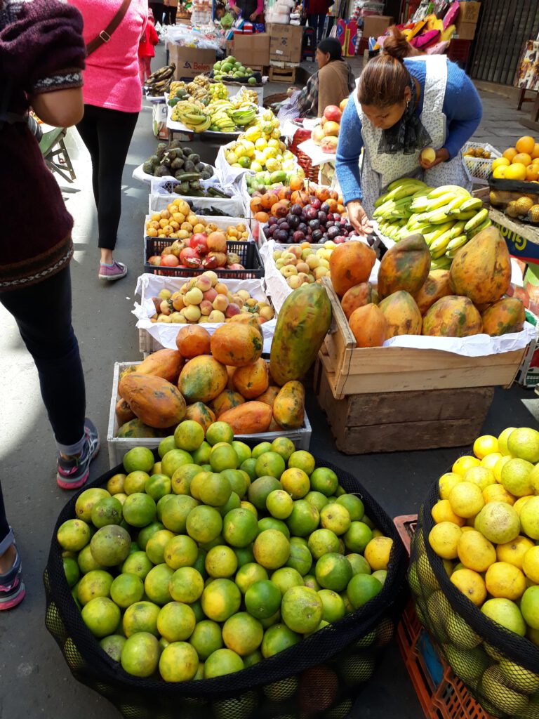 Fruits and vegetables at a food stand in La Paz in Bolivia